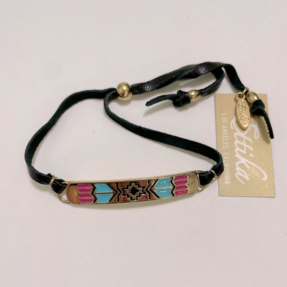 Ettika Aztec Leather Gold Pink Blue Enamel Adjustable Bracelet Black